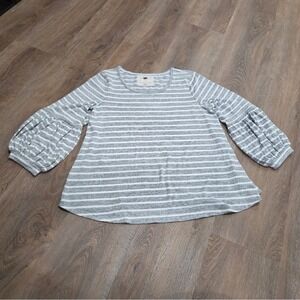 Cupio Blush Grey White Striped Puff Sleeve Knit Top Large Pullover Scoop Neck